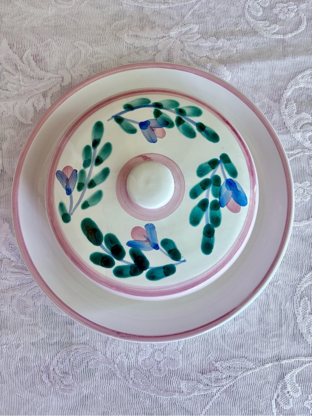 RARE Caleca Pink Garland Covered Butter Dish Cheese Plate NOS Original Tags